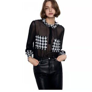 ZARA Houndstooth Sheer Blouse